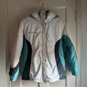 Columbia Jacket White Blue Zip Fleece Lined Pockets Winter Ski Coat with Hood
